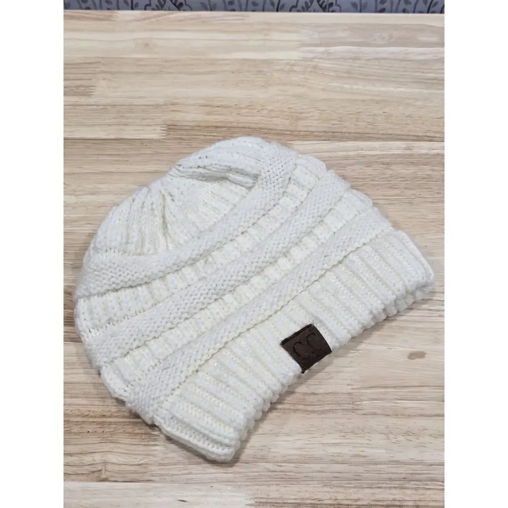 C.C Exclusive CC Beanie tail Ponytail Messy Bun Solid Ribbed Knit Beanie Hat